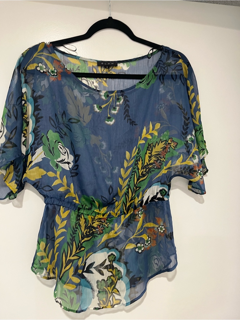 glam Blue Sheer Floral Elastic-Waist Blouse